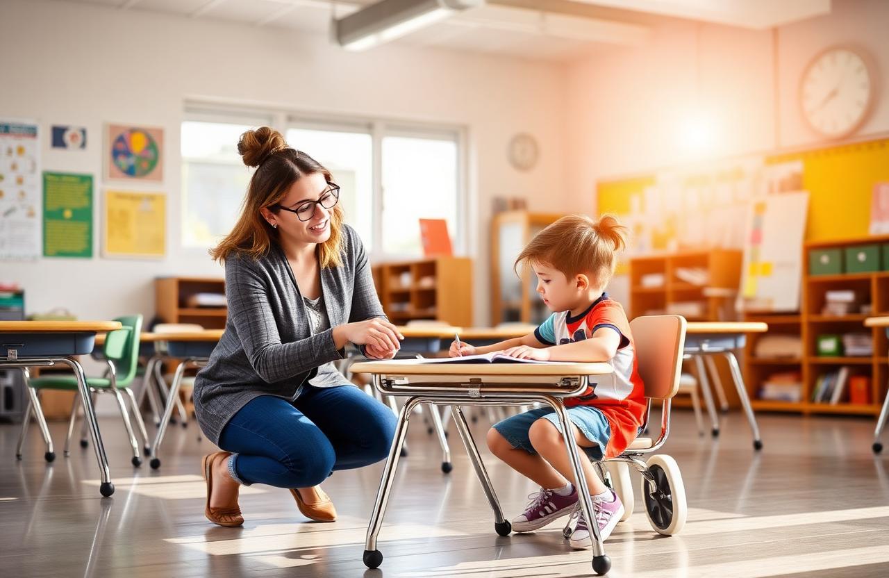 Teacher supporting a student in an inclusive classroom